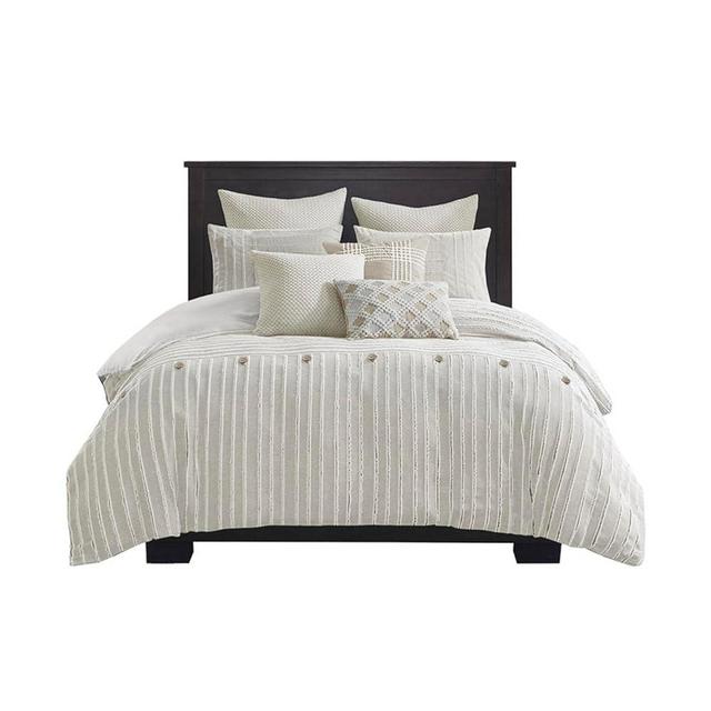 MADISON PARK SIGNATURE Queen Comforter Set Clipped Jacquard Stripes with Buttons Boho Comforter for a Queen-Size Bed, Cotton Oversized Comforters with Removable Cover Boho Bedding, Queen Ivory 8 Piece