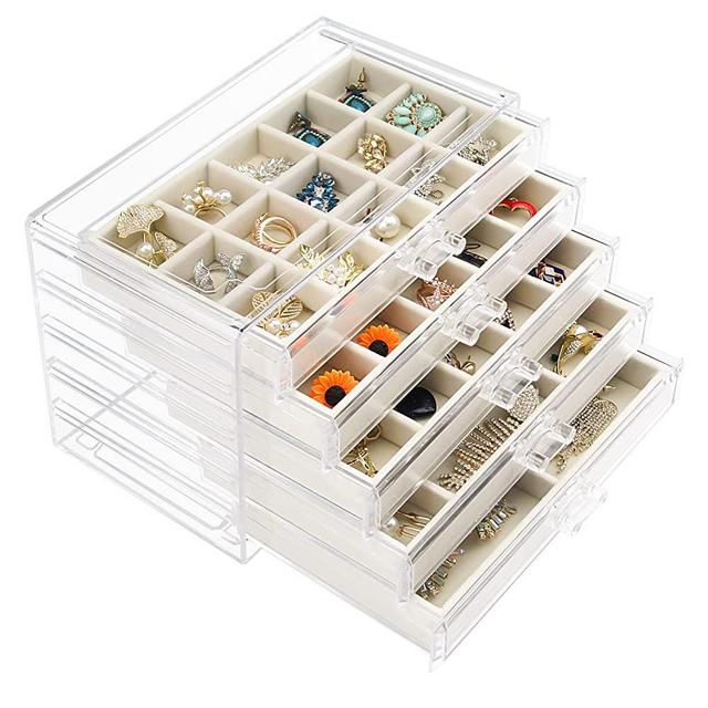 Watpot Acrylic Jewelry Box with 5 Drawers, Clear Earring Storage Organizer Display Case for Women Girls, Beige