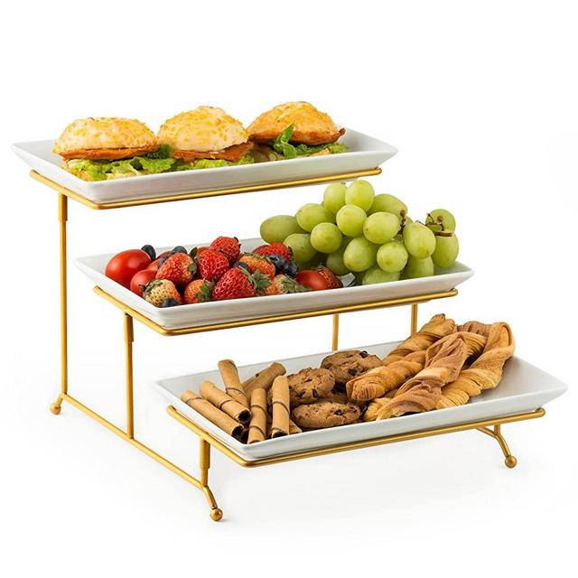 Large 3 Tier Serving Tray with Serving Stand, Serving Dishes for Entertaining, Suitable for Dessert Table Display Set Catering Supplies 12 inch Gold Serving Tray for Hot Chocolate Bar