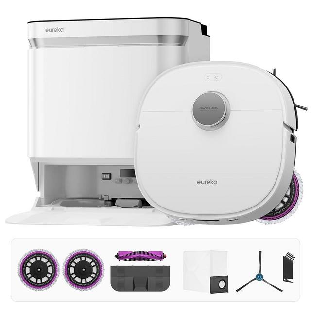 Eureka J15 Pro Ultra Robot Vacuum and Mop with Self Emptying Base, 16,200 Pa Suction, Flex-Arm Design Mop, Auto Mop Hot Water Washing & Hot Air Drying, Anti-Tangle, AI Obstacle Avoidance, White