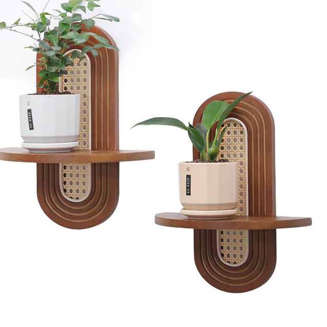 Hongsane Floating Shelves for Wall, Boho Rattan Shelf Set of 2, Unique Small Decorative Shelf Wall-Mounted, Nature Wood Shelves for Living Room,Bedroom,nurseyroom (Walnut)