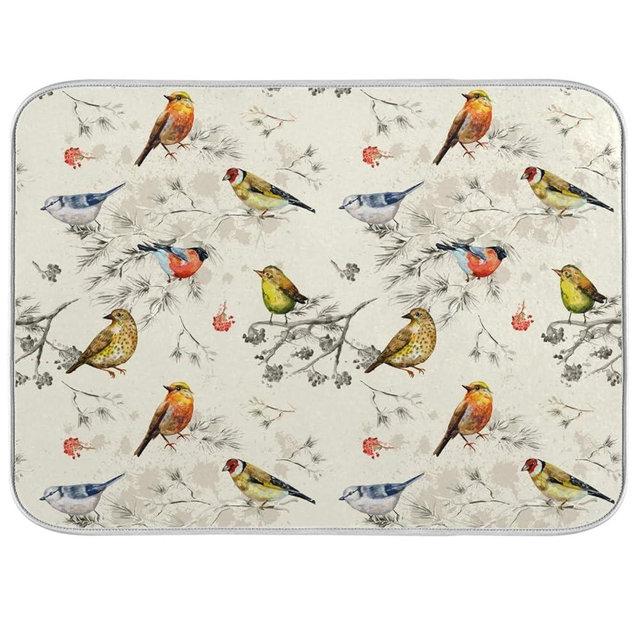 Absorbent Dish Drying Mat Microfiber Dish Drying Pad Reversible Drainer Mats for Countertop, Spring Cute Birds Kitchen Counter Decor, 16'' x18''