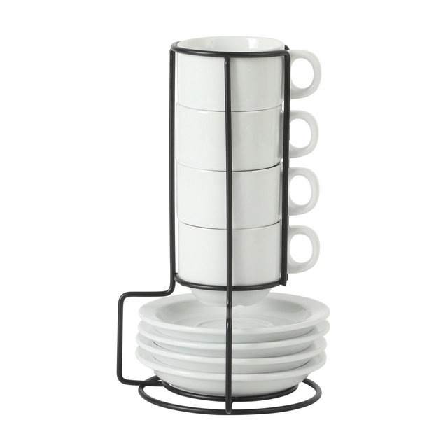 Gibson Home Gracious Dining 3-Ounce Espresso Cups Set of 4, Small Stackable Coffee Cups with 4 Saucers, Metal Stand