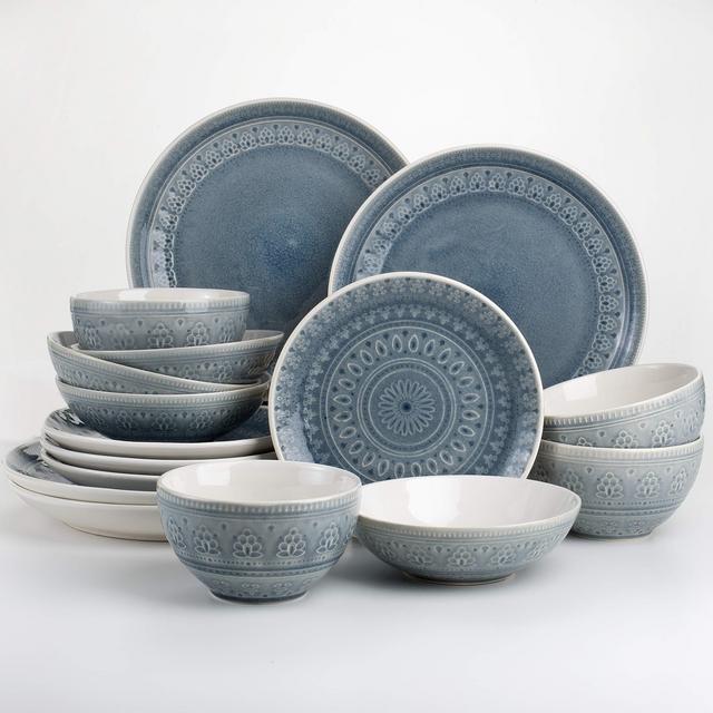 Euro Ceramica Fez Collection Reactive Crackle-Glaze 16 Piece Double Bowl Dinnerware Set, Teardrop Mandala Design, Service for 4, Grey