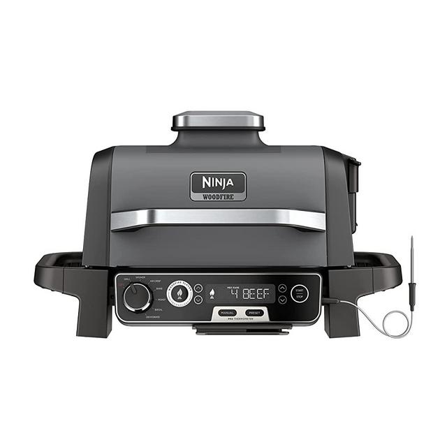 Ninja OG751 Woodfire Pro Outdoor Grill & Smoker with Built-In Thermometer, 7-in-1 Master Grill, BBQ Smoker, Air Fryer, Bake, Roast, Dehydrate, Broil, Ninja Woodfire Pellets, Portable, Electric, Grey