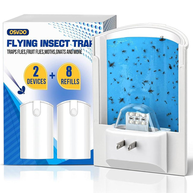 OSVDO 2-Pack Indoor Flying Insect Traps with 8 Refills, UV Light Bug Catcher for Flies, Gnats, Moths, 30-Day Sticky Pads, Silent Fly Catcher for Home
