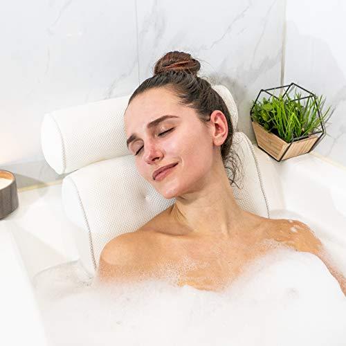 Monsuri Bath Pillows for Tub Neck Support: White Waterproof Bathtub Pillow Rest for Head, Neck and Back with 6 Suction Cups. Bubble Bath Tub Accessories. Home Spa Relaxation Gifts for Women and Men