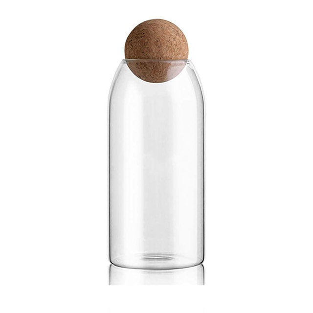 MOLFUJ 1200ML/40Oz Clear Glass Storage Container with Ball Cork Top, Unique Design Decorative Cylinder Food Organization Bottle Canister Jar with Air Tight Wood Stopper Lid for Pantry
