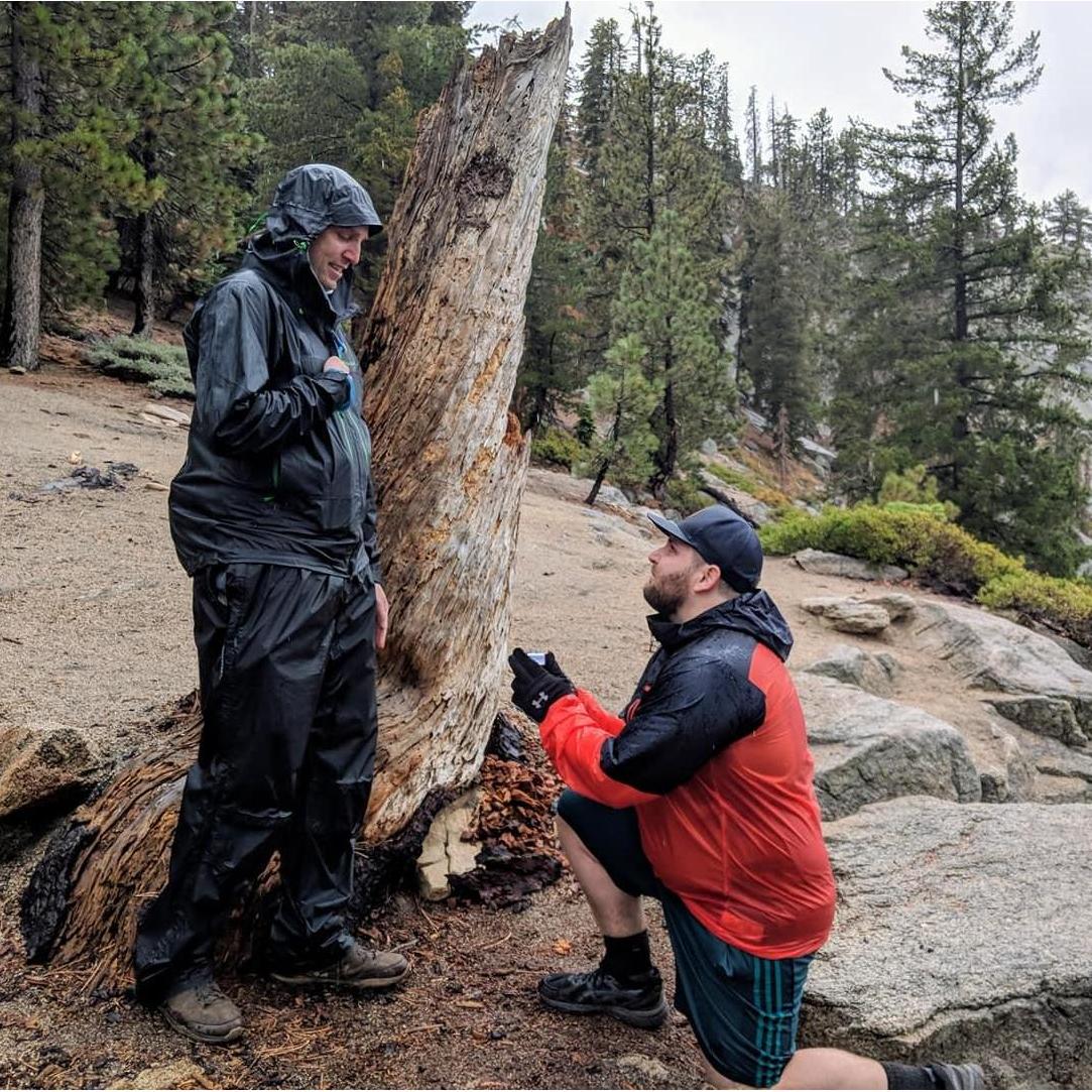 2018 proposal in Yosemite after trying to hike Half Dome in the rain with friends Lonyl, Lindsay, and Stephan