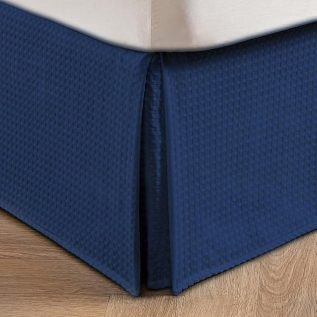 MIYE Pleated Waffle Weave Bed Skirt, Tailored Dust Ruffle 14 Inch Drop Easy Fit, Machine Washable (Navy Blue, Queen - 14" Drop)