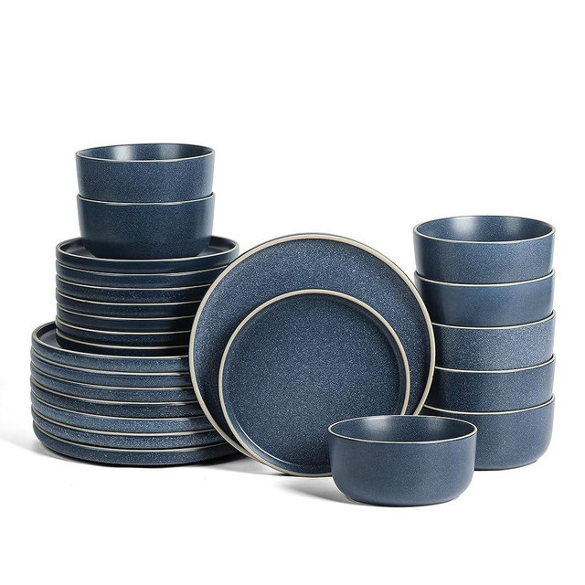 Earth & Clay Amber 24-Piece Dinnerware Set Stoneware, Dishwasher and Microwave Safe Plates and Bowls Set, Dish Set for 8, Blue