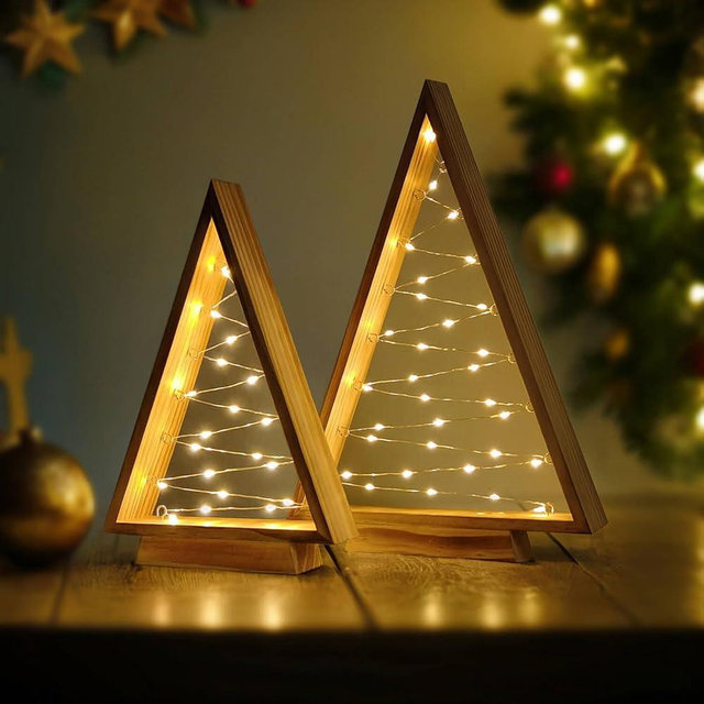 Knoste Christmas Decorations, Wooden Christmas Tree with LED Lights, Modern Triangle Farmhouse Tabletop Christmas Indoor Rustic Décor for Table Fireplace Mantle Shelf, Set of 2 (14.3" and 10.7" Tall)
