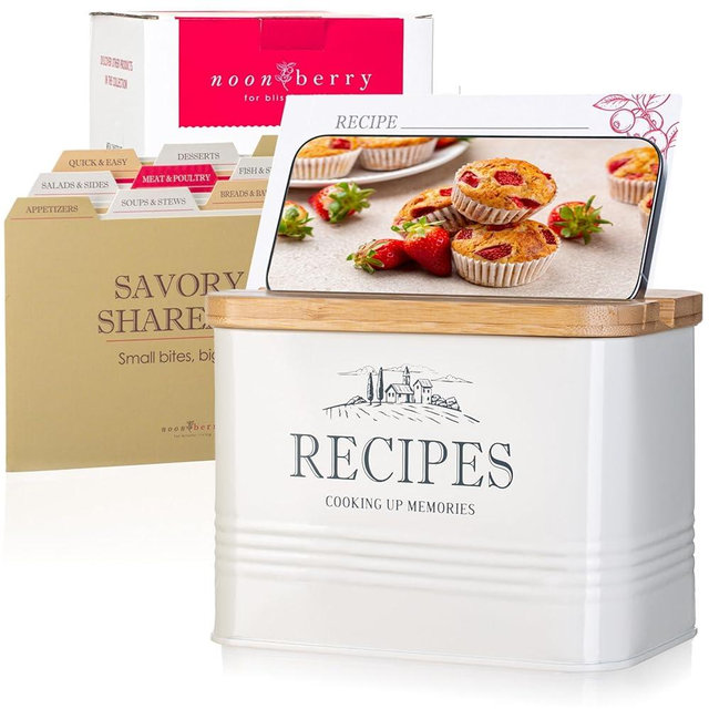 noonberry 4x6 Recipe Card Box Set – Vintage Recipe Box with Wooden Lid & Phone Slot – Includes 50 Recipe Cards and 12 Dividers – Metal Organizer – Gift-Ready Recipe Tin – Cream-White Magnolia Finish