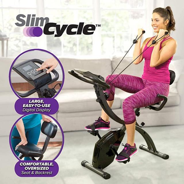 As Seen On TV Slim Cycle Stationary Bike - Folding Indoor Exercise Bike with Arm Resistance Bands and Heart Monitor - Perfect Home Exercise Machine for Cardio