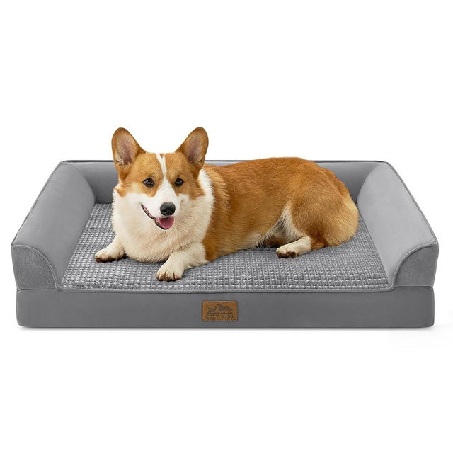 COZY KISS Orthopedic Large Dog Beds, Bolster Pet Couch with Waterproof Lining, Egg Crate Foam Sofa for Pets Up to 65 lbs, U-Shaped, 36x27x6.5 inch, Grey