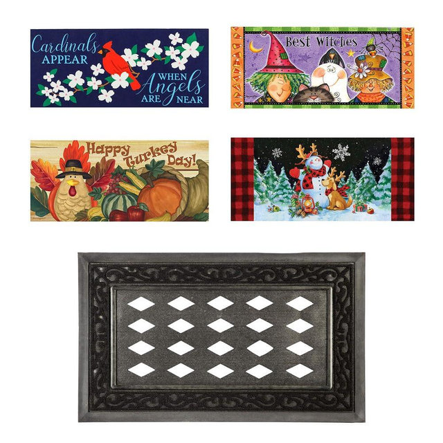 Evergreen Sassafras Fall Christmas Holiday Doormat Insert Bundle & Tray Set of 5, Interchangeable Entrance Door mats Indoor and Outdoor Welcome Mat 30 x 18 Tray Non Slip Backing Low Profile