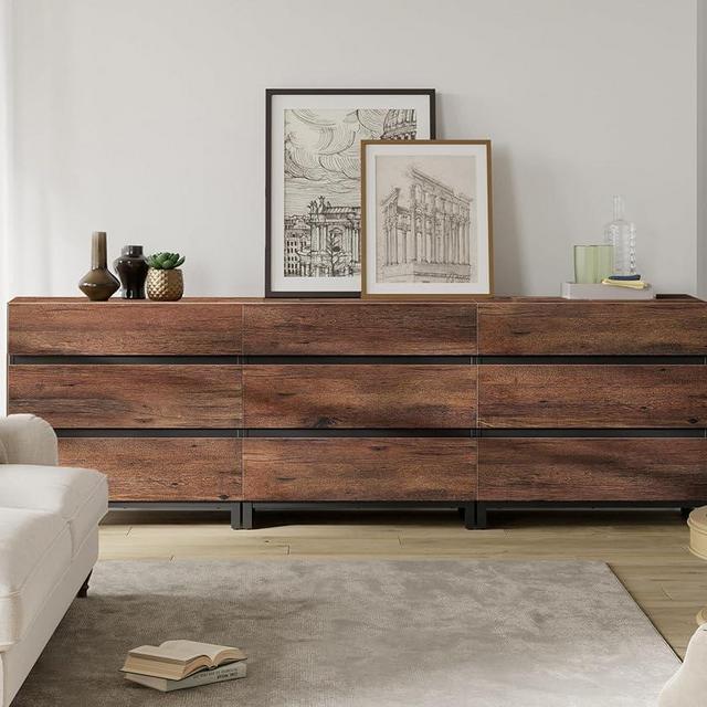 WAMPAT Dresser for Bedroom, Closet Organizers and Storage with 9 Drawers, Chest of Drawers with Metal Base, Wooden Modern Dresser for Living Room, Hallway, Entryway, Brown