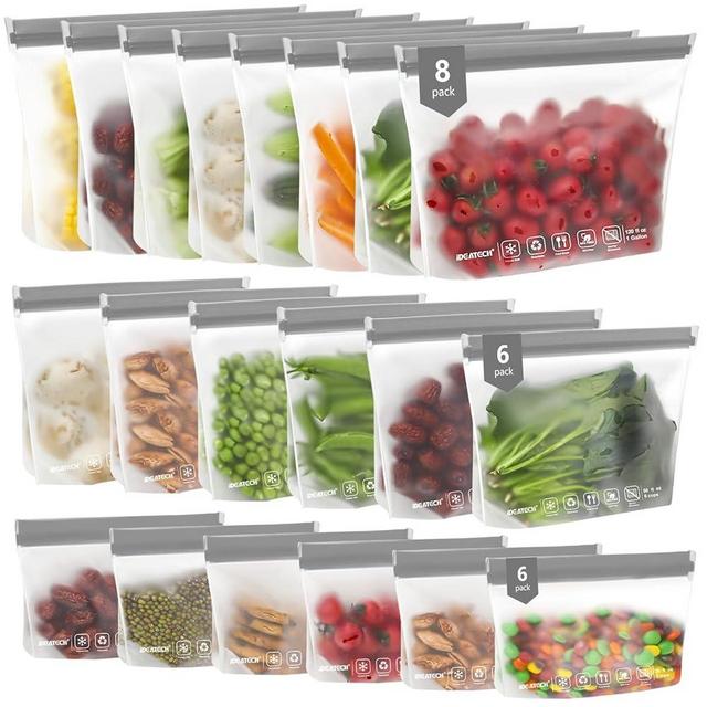 Reusable Storage Bags, BPA Free PEVA Reusable Freezer Bags,Reusable Gallon Bags, Reusable Sandwich Bags, Silicone Food Bags for Women, Men (Grey, 24Pack-8Gallon+8Quart+8Snack)