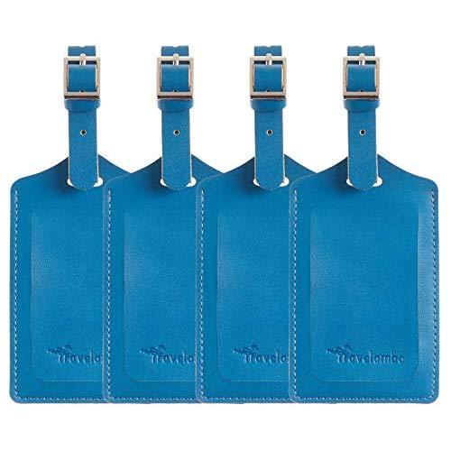 4 Pack Leather Luggage Travel Bag Tags by Travelambo Blue