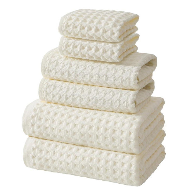 SK Studio 6 Piece Bath Towels Set, Cotton Hotel Large Waffle Bath Towels Absorbent Quick Dry with 2 Bath Towels, 2 Hand Towels, 2 Washcloths for Bathroom Spa White