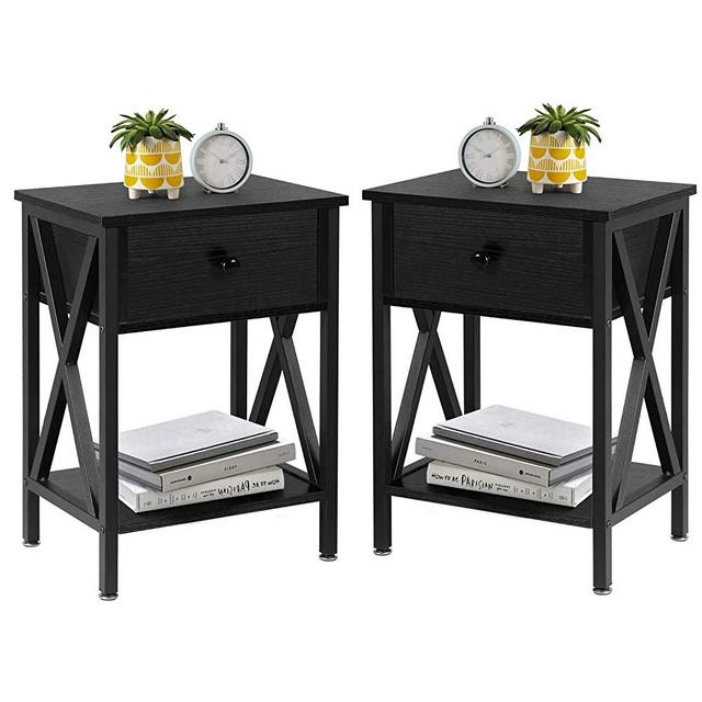 VECELO Modern Versatile Nightstands X-Design Side End Table Night Stand Storage Shelf with Bin Drawer for Living Room Bedroom, Set of 2 (Black)