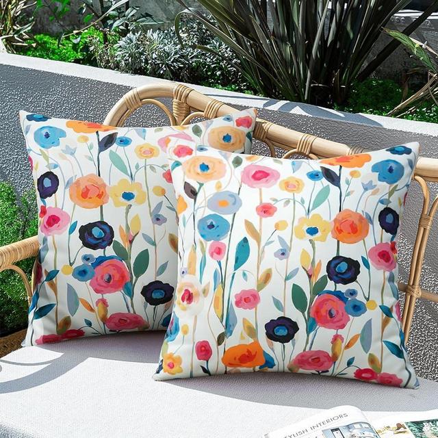 Merrycolor Pack of 2 Outdoor Pillow Covers 18x18 Waterproof Throw Pillow Covers Colorful Floral Decorative Outdoor Pillows for Patio Furniture, White