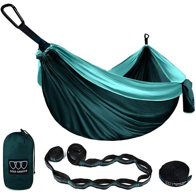Gold Armour Camping Hammock - Extra Large Double Parachute Hammock (2 Tree Straps 32 Loops,20 ft Included) USA Brand Lightweight Nylon Adults Kids, Camping Accessories Gear (Turquoise/Seafoam)