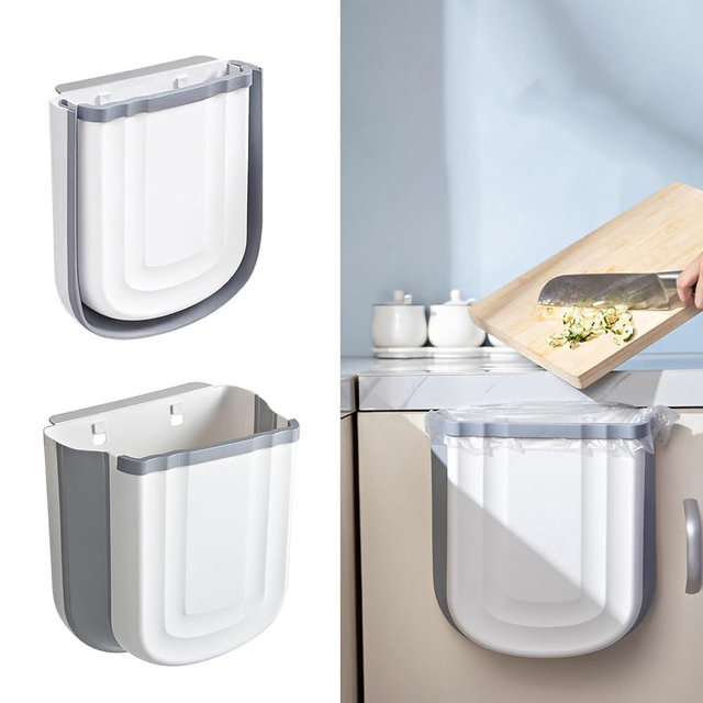 Soddeph Collapsible Hanging Trash Can for Kitchen Cabinet Door, 9L Plastic Foldable Waste Bin, 2.4 Gallon Small Wall Mounted Garbage Bin for Kitchen, Bathroom, Bedroom Countertop (Gray)