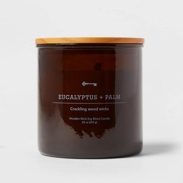 23oz XL 3-Wick Eucalyptus + Palm Wooden Amber Glass with Wood Lid and Stamped Logo Amber - Threshold™