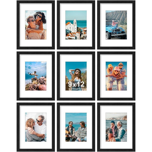 Vittanly 9x12 Picture Frames Set of 9, Shatter Resistant Plexiglass, Display 6x8 Pictures with Mat or 9x12 without Mat, Photo Frames for Wall or Tabletop, Engineered Wood, Black
