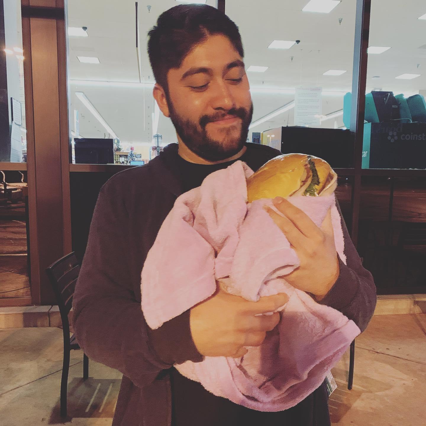 Ernie with our son Cheddar, the sandwich.