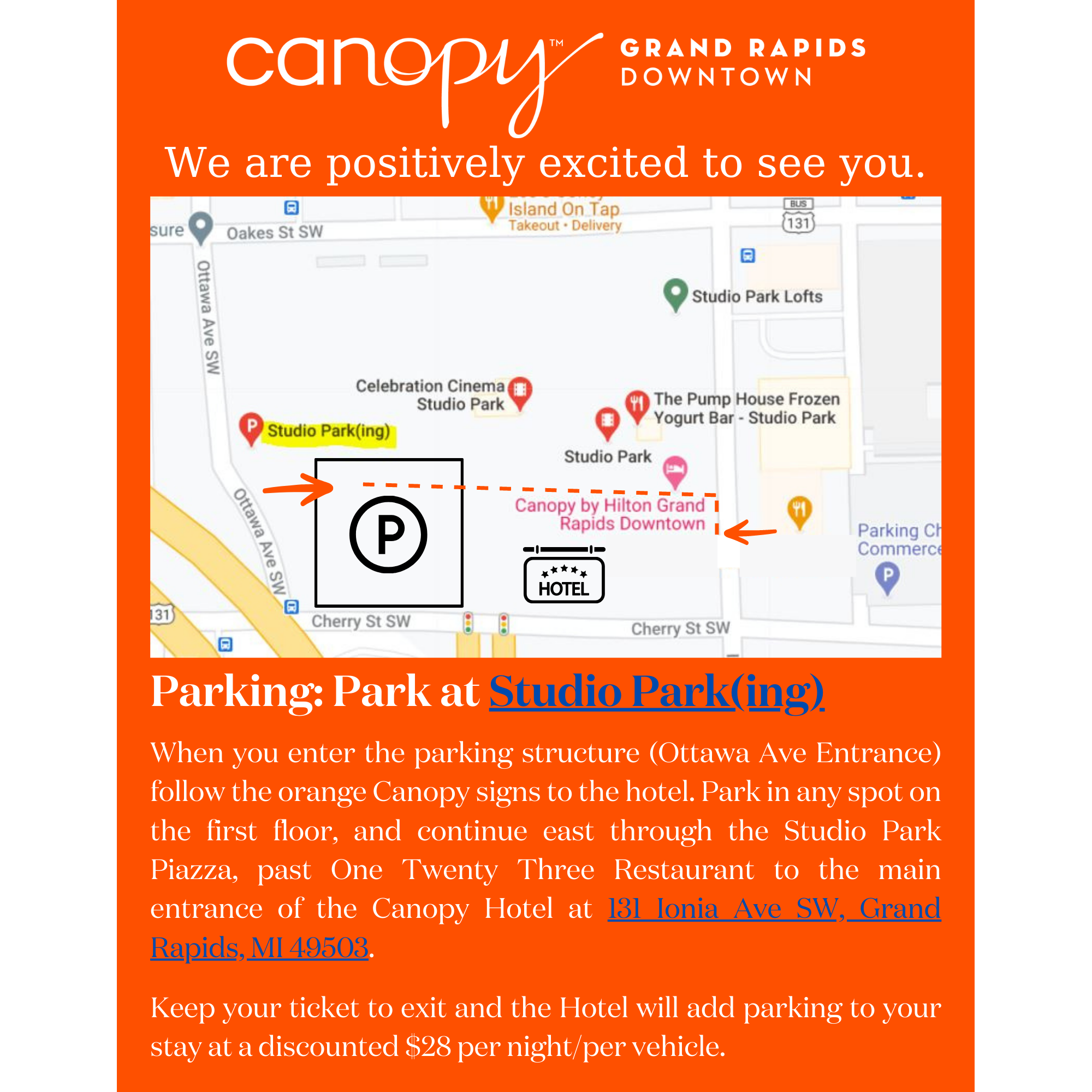 Hotel location and overnight parking details