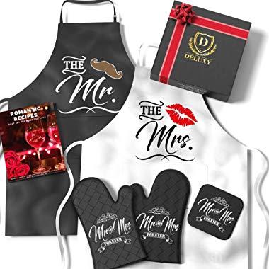 Mr & Mrs Aprons For Happy Couple | Best Bridal Shower Gifts For Bride, Engagement Gifts For Her, Wedding Gifts For The Couple, Wedding Anniversary- FREE Romantic Recipe Book, Oven Mitts & Potholder