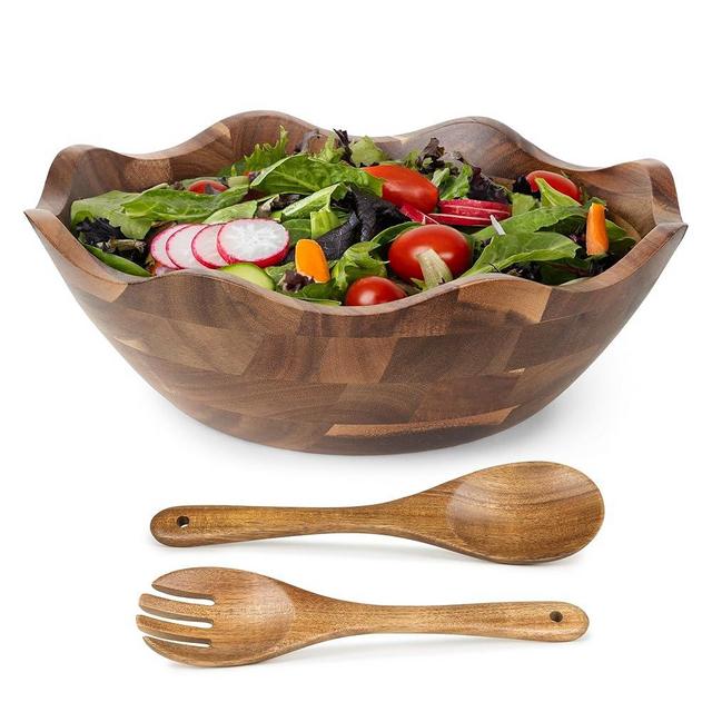 Wood Salad Bowl with Serving Utensils - Large Scalloped Decorative 12" Acacia Wooden Mixing Bowls Set with Spoons - Handcrafted Farmhouse Kitchen Serveware for Fruit, Pasta, Snacks and Home Decor