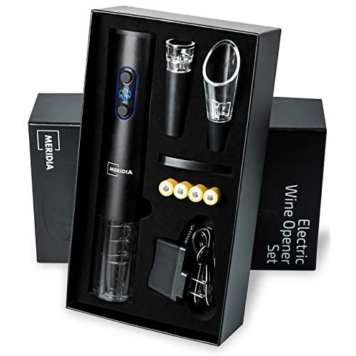 Meridia Electric Wine Opener Set with Charger - Automatic Rechargeable Wine Opener with Batteries - 4-in-1 Cordless Corkscrew, Aerator Pourer & Vacuum Stopper - Mother’s Day Gift Set Holiday Kit