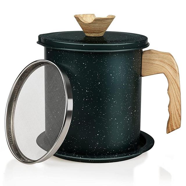 Cooking Grease Filter Bacon Grease Container,1.4L 304 Stainless Steel,with Stainless Steel Strainer Dust-proof Lid Non-slip Plate,Can Filter and Store Frying Oil and Cooking Grease, Etc. (DARK GREEN)