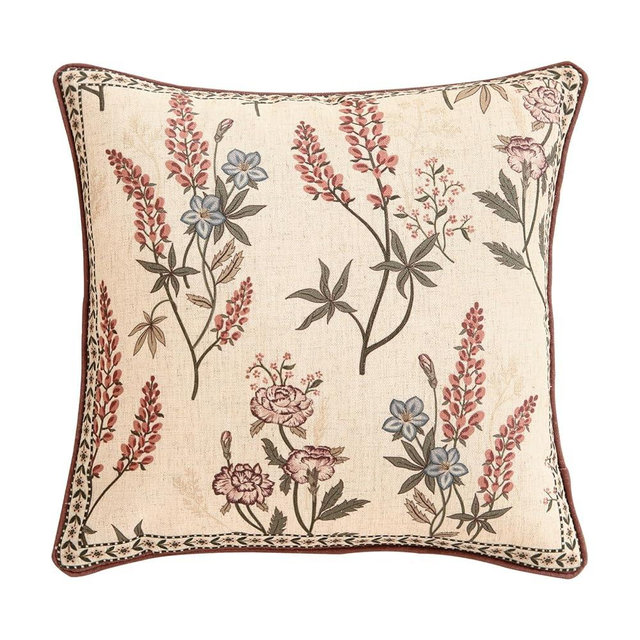 ISAENNE Design Linen Vintage Throw Pillow Covers 18"x18", Square Cushion Covers with Blue Pink Flowers Green Leaves Pattern Decoration Pillowcases for Bed,Living Room,Outdoor,Car