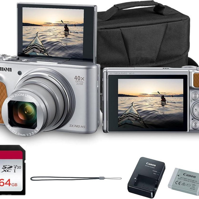 Canon PowerShot SX740 HS Digital Camera (Silver) – 20.3MP, 40x Optical Zoom, 4K UHD Video, Wi-Fi & Bluetooth, Compact Travel Point & Shoot (2956C001) + Shoulder Bag + 64GB Memory Card