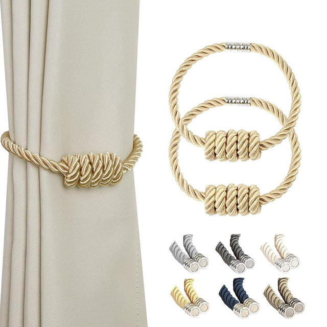 BEL AVENIR Magnetic Curtain Tiebacks, Decorative Drapery Holdbacks Modern Woven Tie-Backs with Exquisite Knot (Gold, 2 Pack)