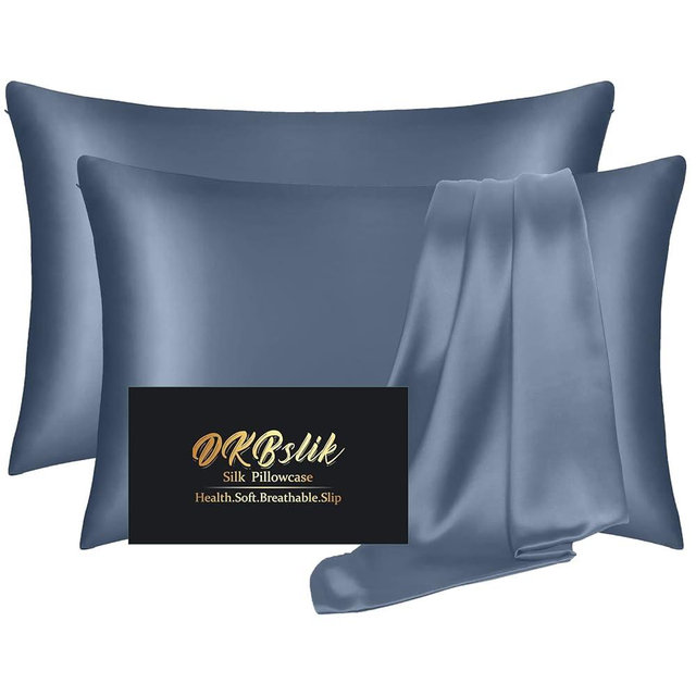 Silk Pillowcase 2 Pack, Mulberry Silk Pillow Cases Queen Size Set of 2, Anti Acne Silk Pillowcase for Hair and Skin, Natural Silk Satin Pillowcases Gifts for Women 2 Pack with Hidden Zipper, Ash Blue