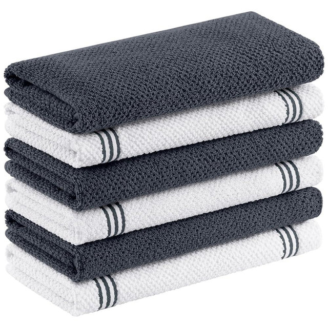 Homaxy Premium Cotton Kitchen Towels(16" x 26", 6 Pack), Large 380 GSM Dual Design Dish Towels, Highly Absorbent Terry Kitchen Hand Towels, Soft Quick Drying Tea Towels with Hanging Loop, Dark Grey