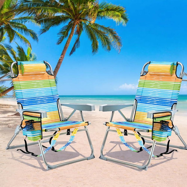 GVDV Backpack Beach Chairs for Adults 2 Pack, Portable Lay Flat Folding Chair with Cup Holder and Towel Bars, 4-Position Adjustable Reclining Chair for Beach, Camp, Outdoor, Rainbow
