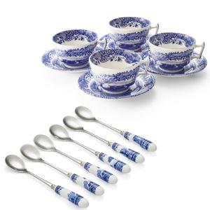 Blue Italian Set of 4 Teacup and Saucer & Free Teaspoon Set