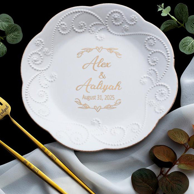 Personalized Wedding Plate & Forks Set: Engraved Ceramic, USA Made