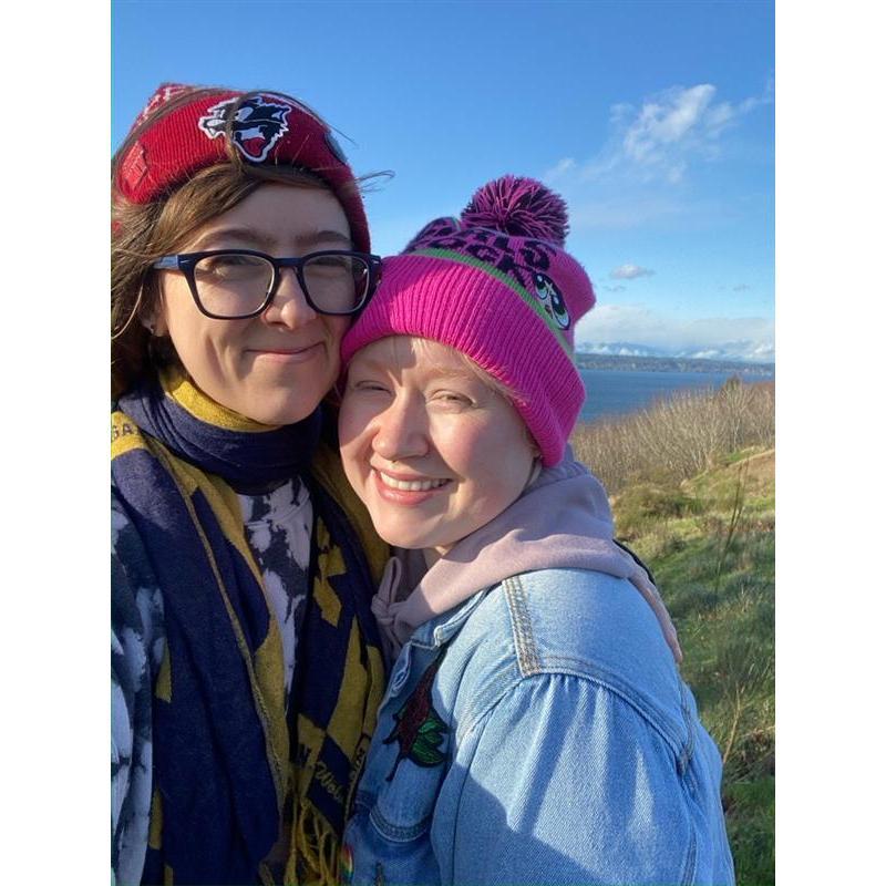 Braving the wind at Discovery Park when we first moved to Seattle.