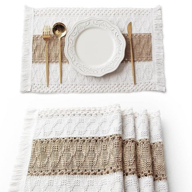 Fexia Boho Placemats Set of 4, Macrame Table Decor and Farmhouse Style Placemats Natural Cotton Burlap, for Dining Table Kitchen