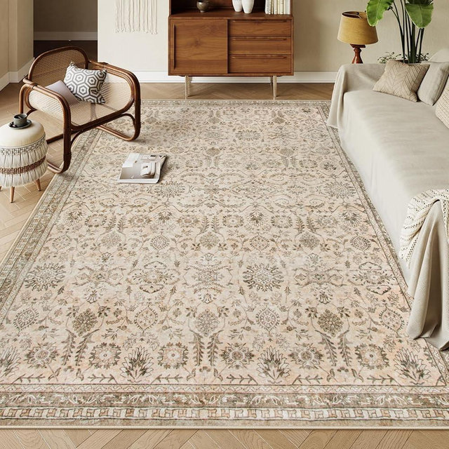 Lahome Boho Beige Fall Area Rug 8x10, Traditional Tan Floral Area Rugs for Bedroom, Machine Washable Living Room Mats, Soft Non-Slip Room Carpet for Office Apartment Nursery Decor, Soft Amber