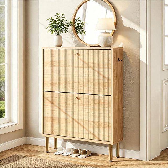 Nicetree Shoe Storage Cabinet for Entryway - Flip Shoe Cabinet with Tiered Fluted Design - Slim Shoe Storage Rack with Gold Legs - Narrow Shoe Cabinet Hidden Shoe Organizer for Small Spaces