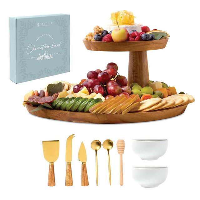 Grazerie Charcuterie Boards Gift Set - Acacia Two-Tier Serving Tray with Knife Set and Bowls for Entertaining - 9 Piece Set for House Warming Wedding Gift