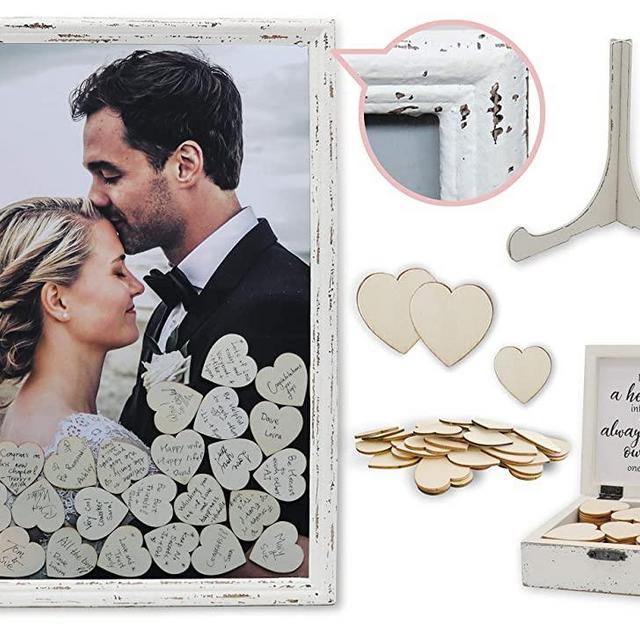 PMPX Wedding Guest Book Alternative Vintage Drop Top Frame with Stand, 80 Wood Hearts, Matching Box with Message Inside The Lid. Weddings, Bridal or Baby Shower, Anniversary, or Special Event.